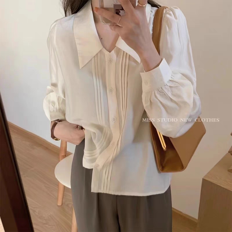 法式翻領垂感白襯衫女設計感小眾寬鬆上衣氣質復古泡泡袖襯衣薄款