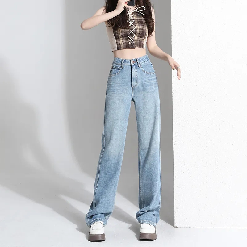 美式復古高腰牛仔褲女秋季薄款2024新款直筒寬鬆垂感闊腿拖地褲子