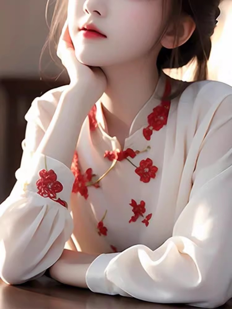 原版做工新中式襯衫春秋獨特漂亮小衫外穿輕國風女裝花朵上衣