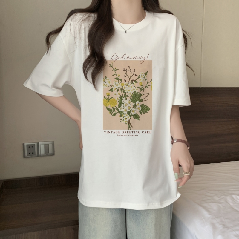 實拍 100%棉精梳純棉 印花夏裝短袖T恤女寬鬆韓版