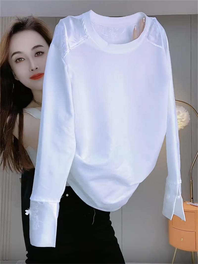 歐貨國風印花刺繡拼接長袖T恤上衣女秋冬季設計感內搭打底衫外穿
