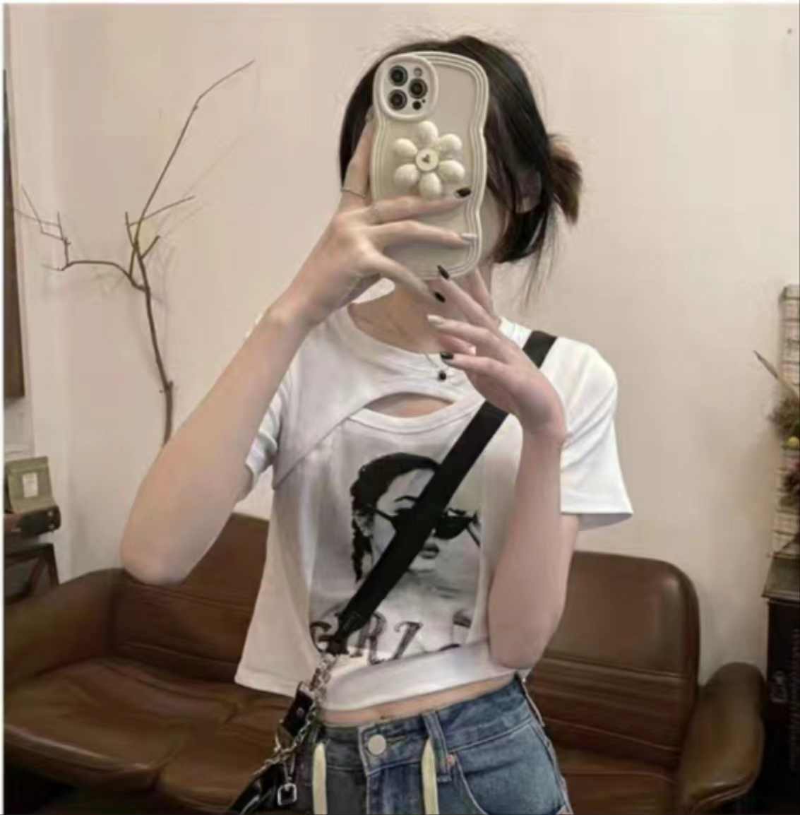 6535拉架純欲辣妹鏤空短款上衣正肩短袖T恤女