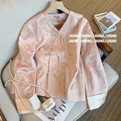 粉色新中式V領提花流蘇盤扣短外套女冬新款復古甜美洋氣上衣