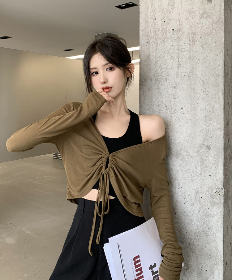 掛脖背心抽繩長袖v領短款防曬針織衫夏季新款辣妹上衣兩件套裝女