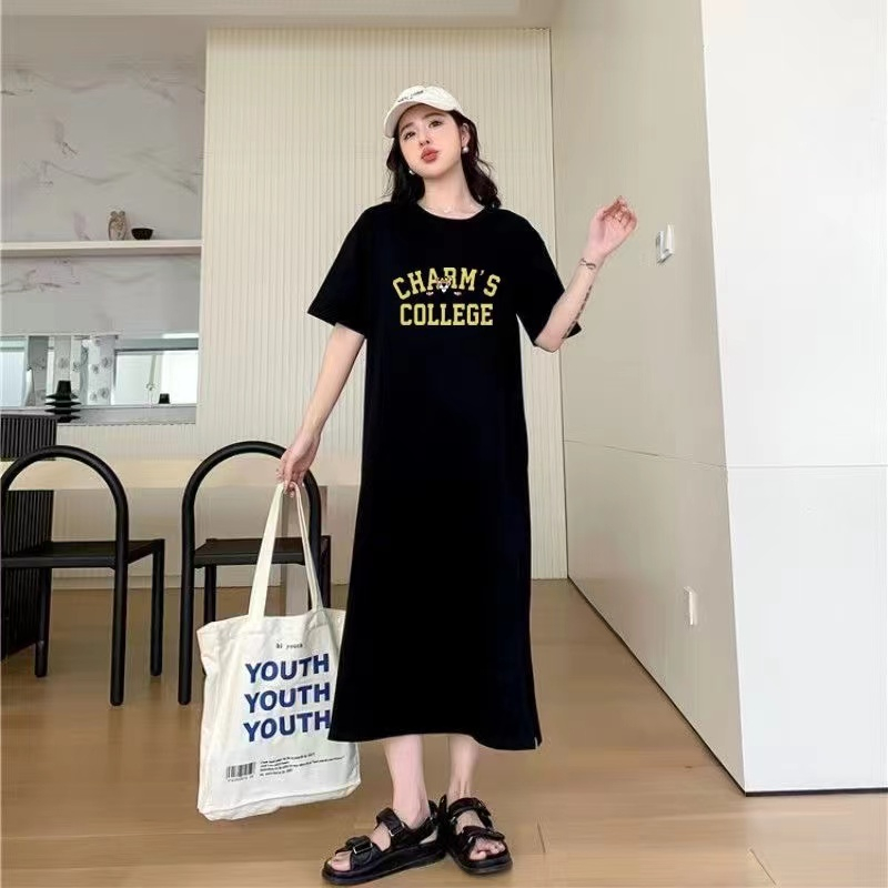 夏季短袖中長款開叉T恤連衣裙女韓系慵懶風裙子