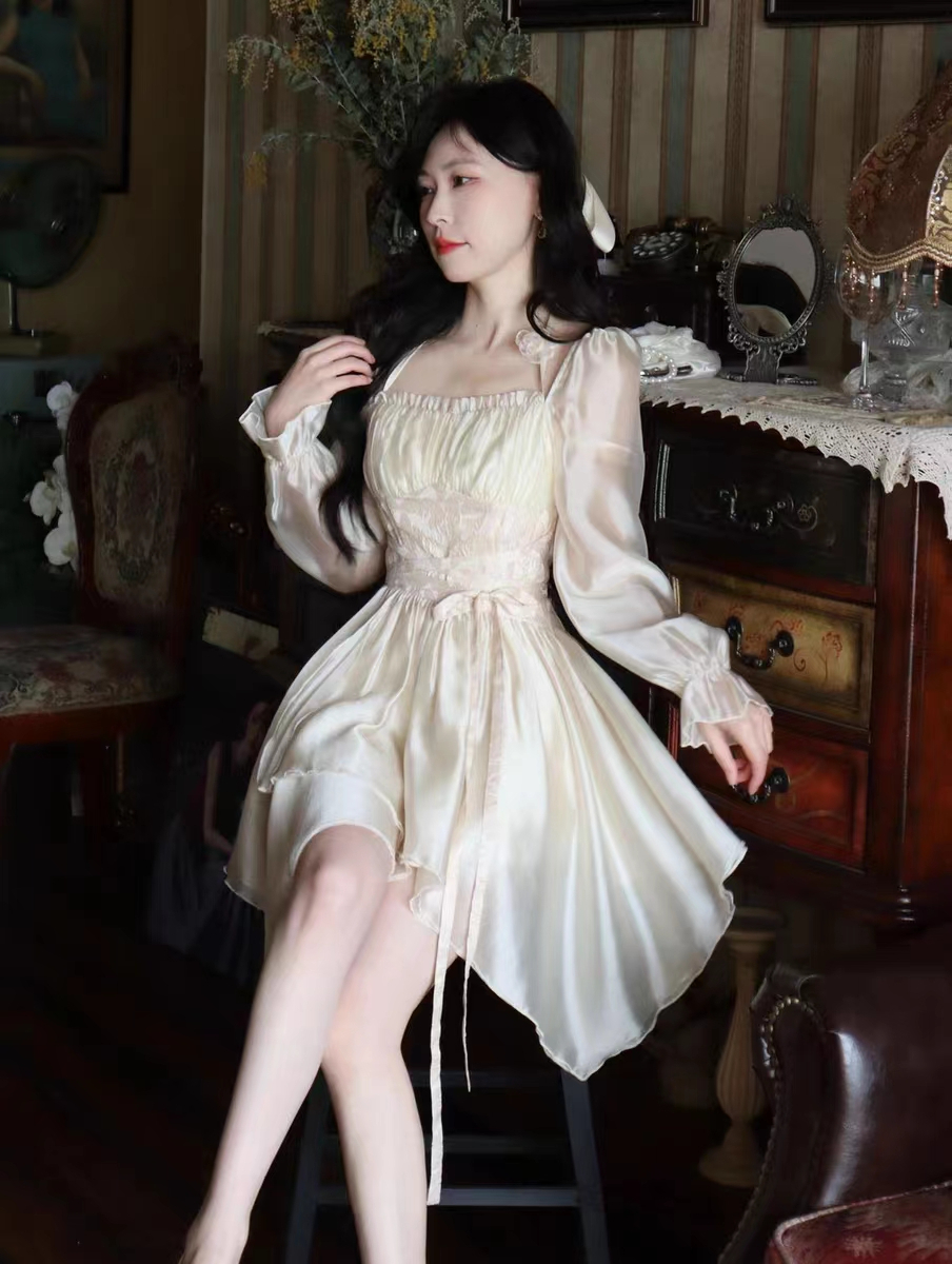 Blovelan桃月淺沫 甜美短裙珠光長袖高腰顯瘦連衣裙女夏季新款