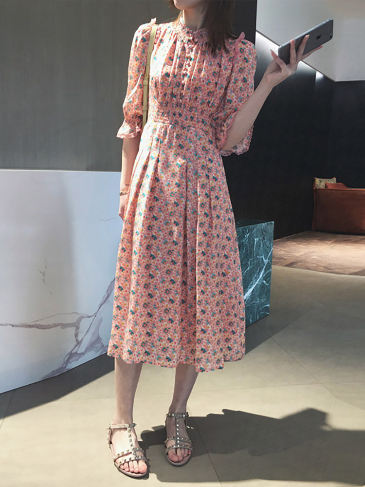新款法式桔梗初戀甜美復古小清新碎花泡泡袖圓領連衣裙子女夏