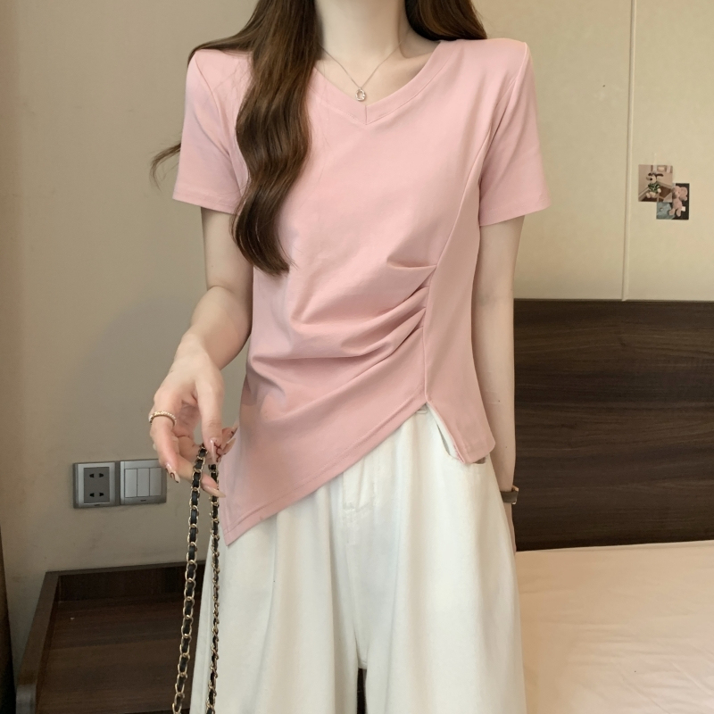 實拍新款 40支純棉 2024夏裝不規則褶皺收腰短袖粉色純棉t恤