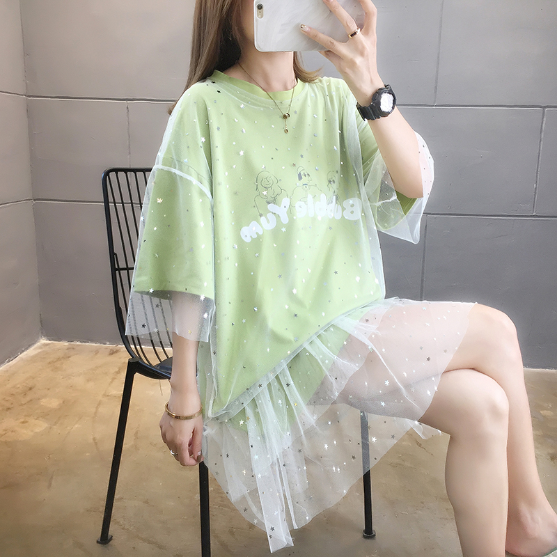 牛奶絲實拍2024夏季中長款網紗拼接短袖圓領魚尾裙女T恤
