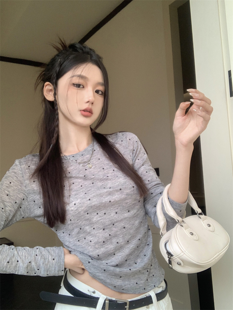 實拍 韓版時尚一字領波點打底衫女修身顯瘦疊穿長袖防曬T恤