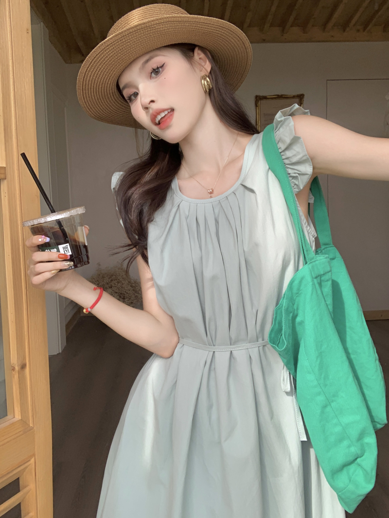 實拍~夏季韓版氣質壓褶圓領飛飛袖森女寬鬆型繫繩收腰連衣裙