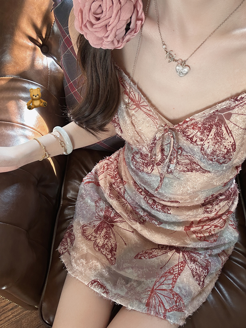 實拍 蝴蝶印花吊帶連衣裙夏季海邊度假沙灘裙性感包臀裙