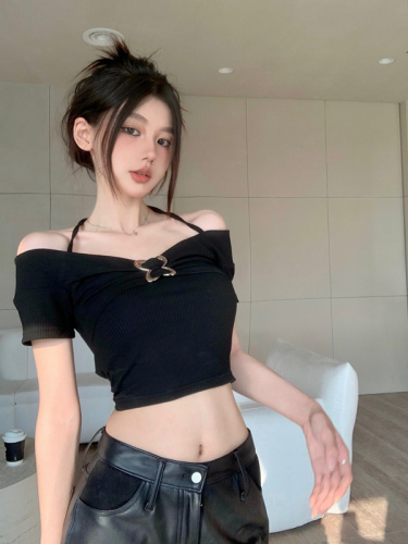 Actual shot of pure desire one-line collar off-shoulder clavicle short-sleeved T-shirt for women hot girl style short crop top