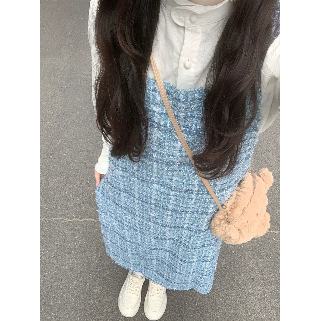 藍色小香風背帶連衣裙套裝女秋季法式氣質小個子寬鬆顯瘦背心長裙