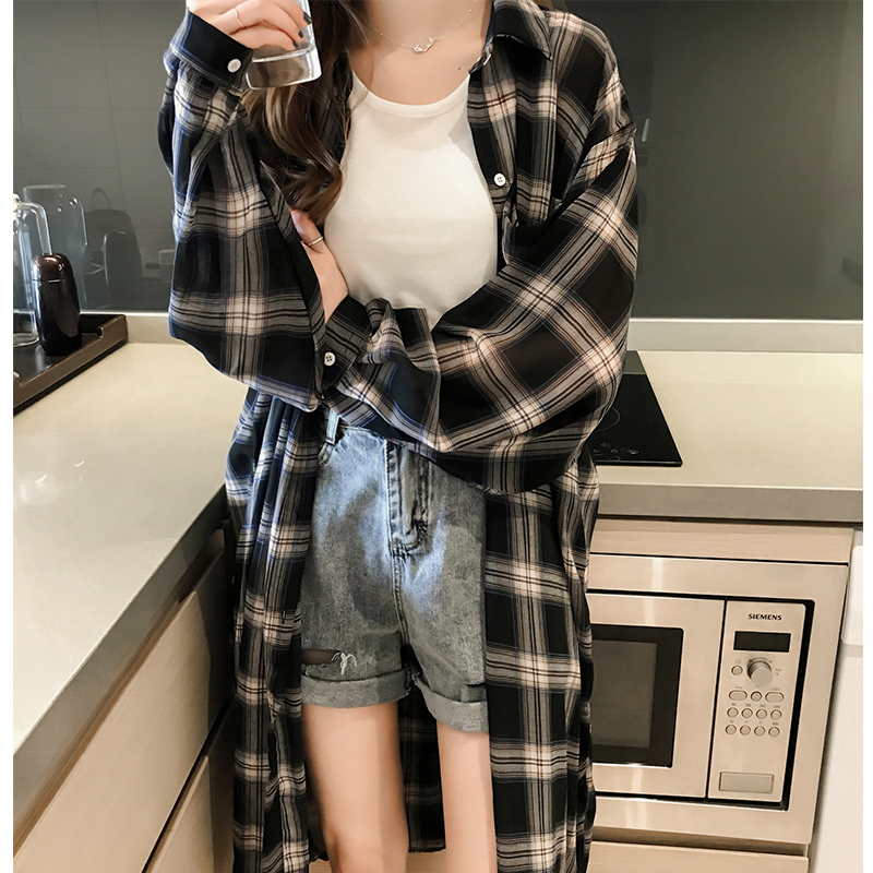 春季新款襯衣女韓版百搭寬鬆中長款胖mm大碼格子薄開衫