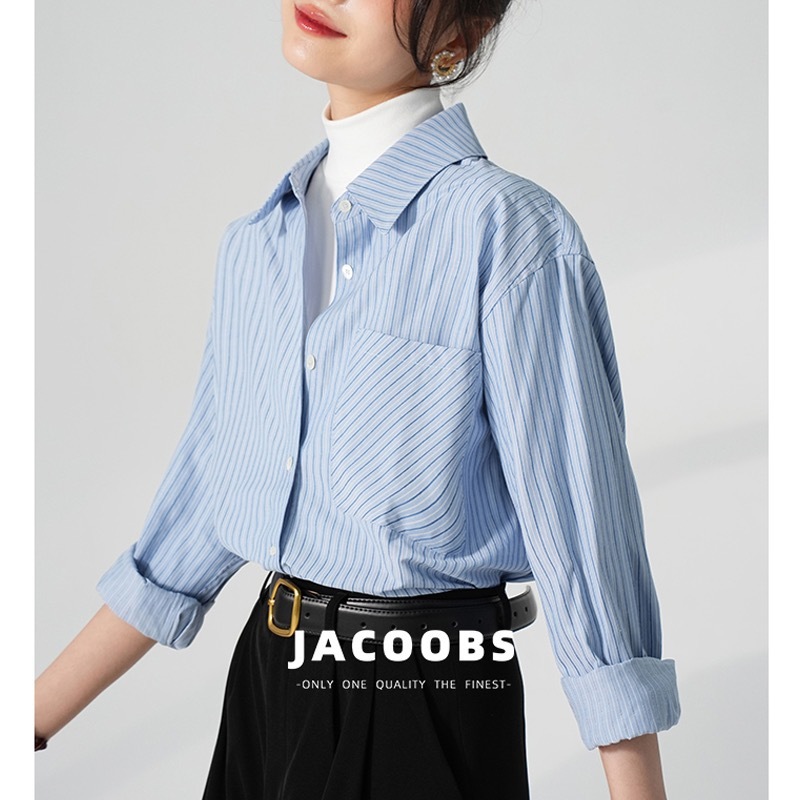 JACOOBS婭可家藍色條紋襯衫女秋冬設計感小眾OL職業通勤疊穿襯衣
