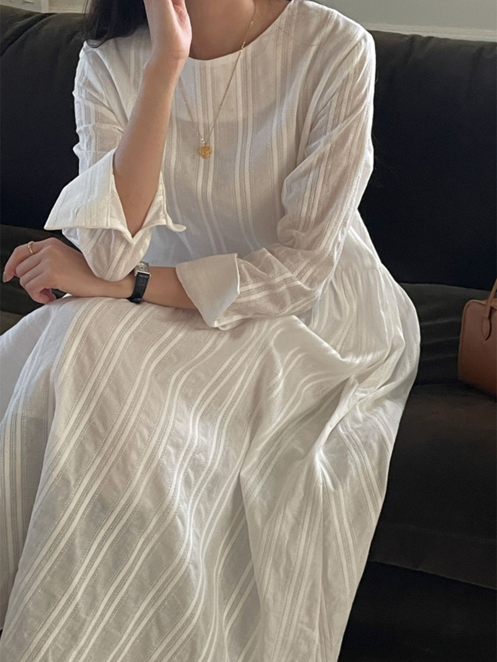 INS韓國輕氧女孩心頭愛！白月光純色立體豎條紋百搭長裙連衣裙