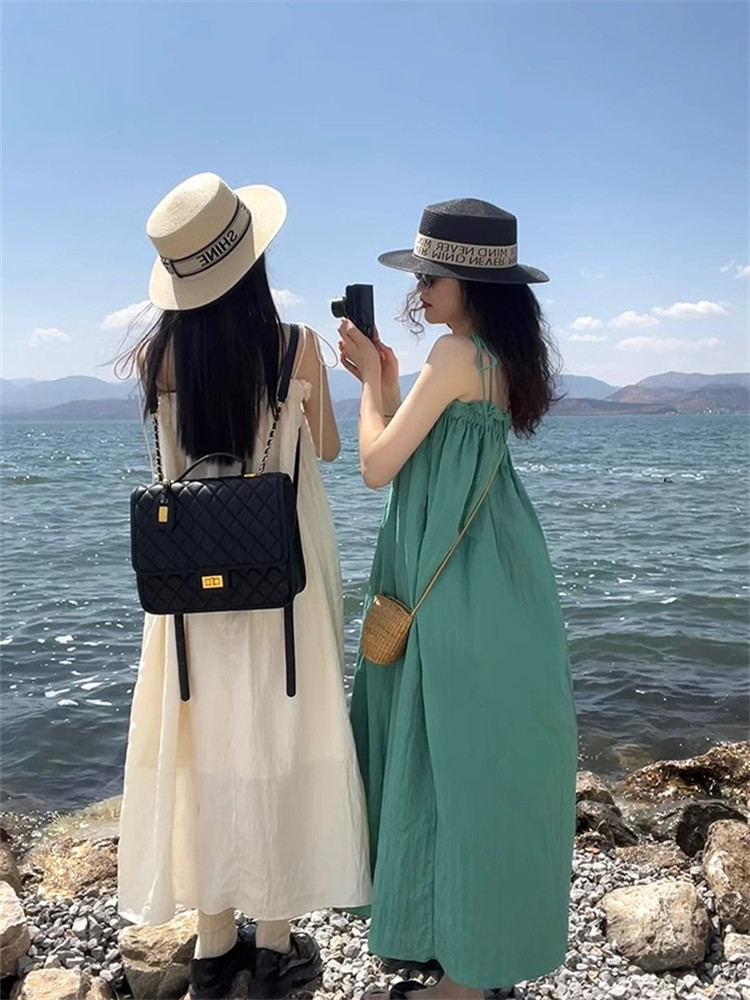 大碼度假風吊帶裙2024夏季新款系帶木耳邊吊帶裙海邊度假沙灘裙女