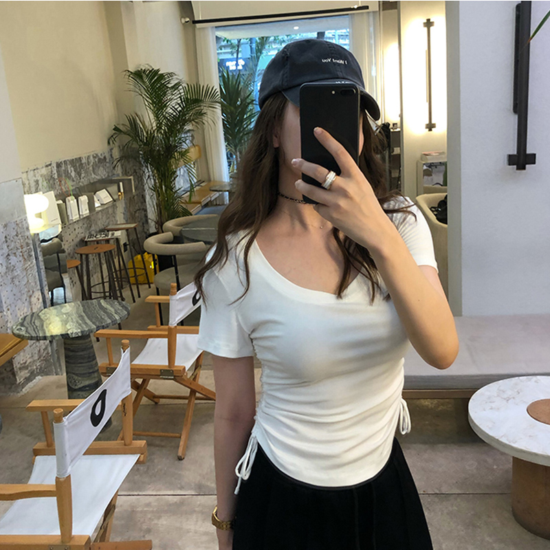 別致短款上衣女設計感抽繩顯胸小衫辣妹純欲露臍短袖t恤