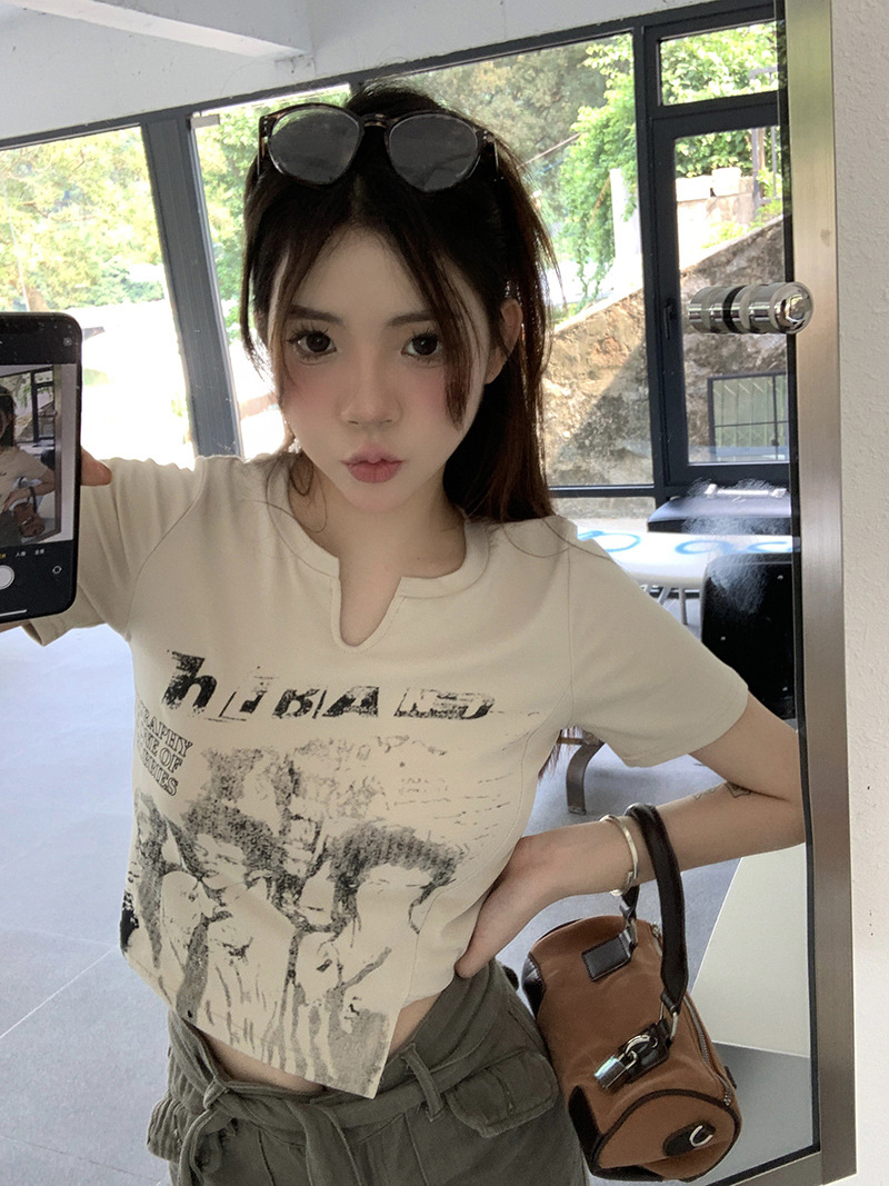 牛奶絲 美式復古短袖t恤女夏季不規則設計感純欲辣妹短款