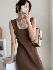 全蜜定製咖啡色撞色圓領針織吊帶連衣裙女秋冬新款內搭打底a字裙