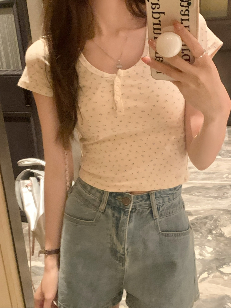 已出貨　實拍  40支純棉 2024夏裝碎花短袖T恤女修身顯瘦上衣