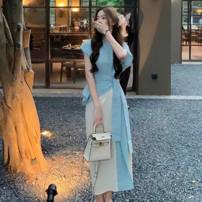 法式茶歇溫柔風假兩件連衣裙女2024夏季小個子收腰系帶氣質長裙子