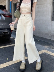Photographed #New Straight Leg Denim Pants for Women with High-Waist Design, Front Pouch, Apricot Color, Loose Wide Leg