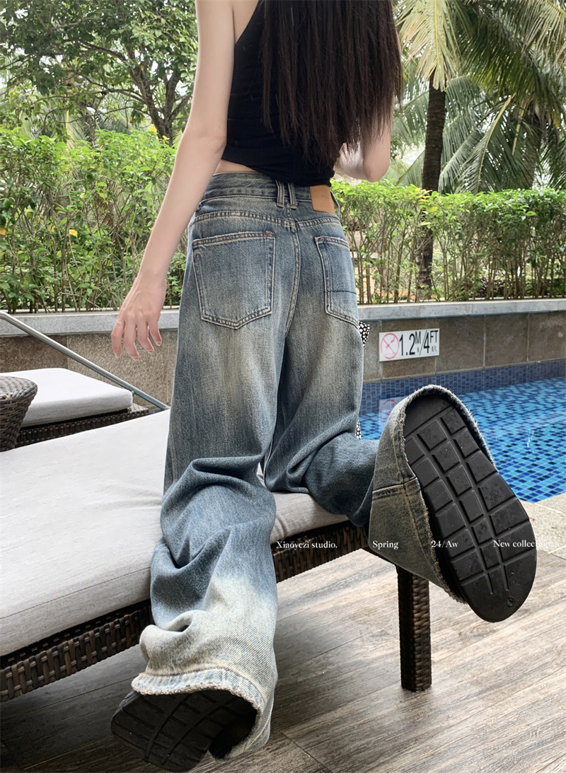 實拍 新款高腰寬鬆闊腿顯瘦長牛仔褲女
