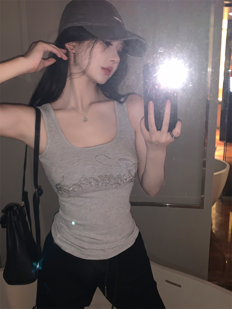 實拍復古性感辣妹閃鑽緊身顯瘦百搭休閒外穿背心上衣女