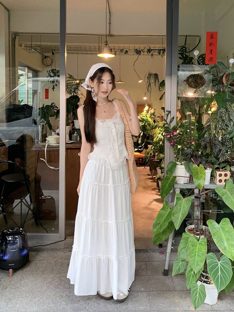 溫柔風套裝女夏季甜辣蕾絲花邊吊帶背心超仙長裙白色半身裙兩件套