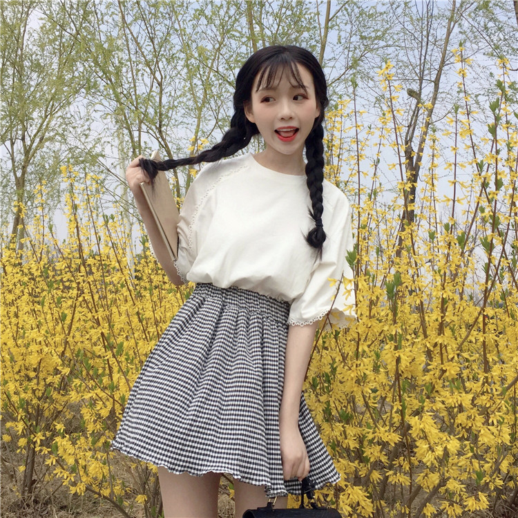 休閒套裝夏裝女裝氣質蕾絲花邊短袖T恤上衣+半身裙兩件套