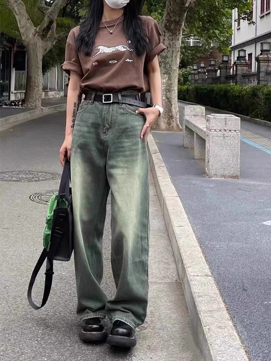 大碼復古牛仔褲女新款胖mm寬鬆顯瘦高腰直筒闊腿拖地褲子S-5XL夏