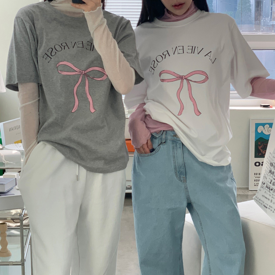 Layered transparent mesh inner layer + simple round neck bow short-sleeved T-shirt