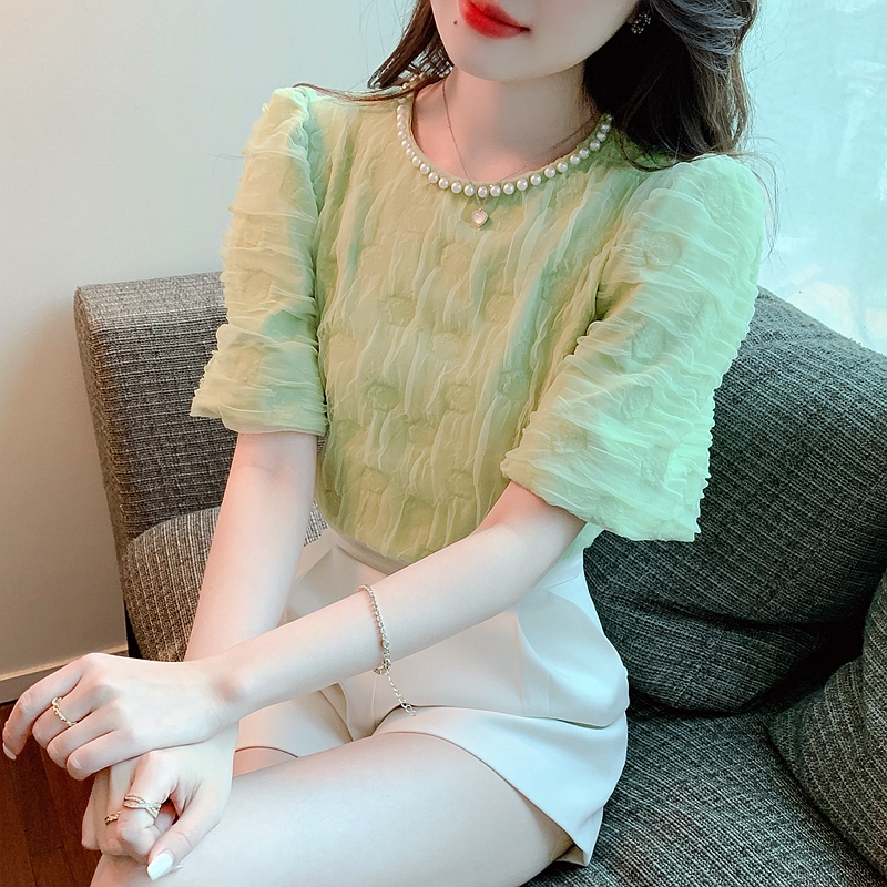 獨特别致女裝夏裝白色泡泡短袖T恤2024年夏季新款高級感蕾絲上衣