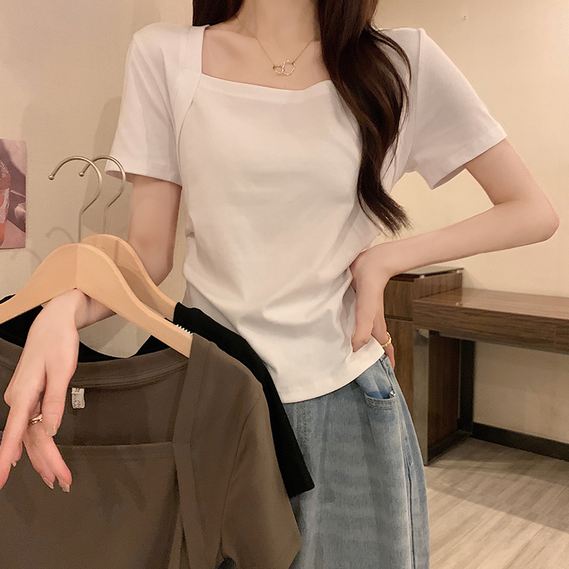 實拍 不規則方領正肩短袖t恤女夏季設計感小眾短款修身打底衫