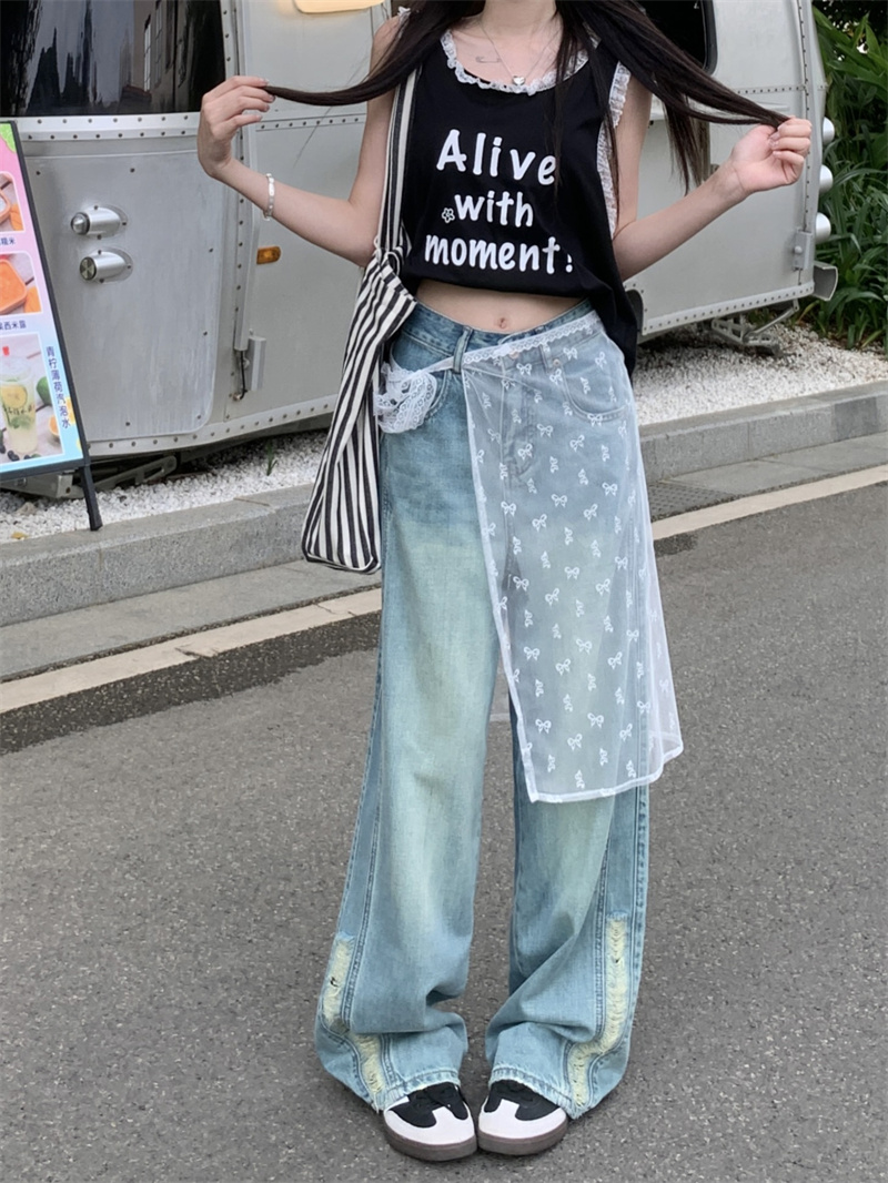 實拍 新款高腰網紗寬鬆破洞直筒闊腿長牛仔褲女