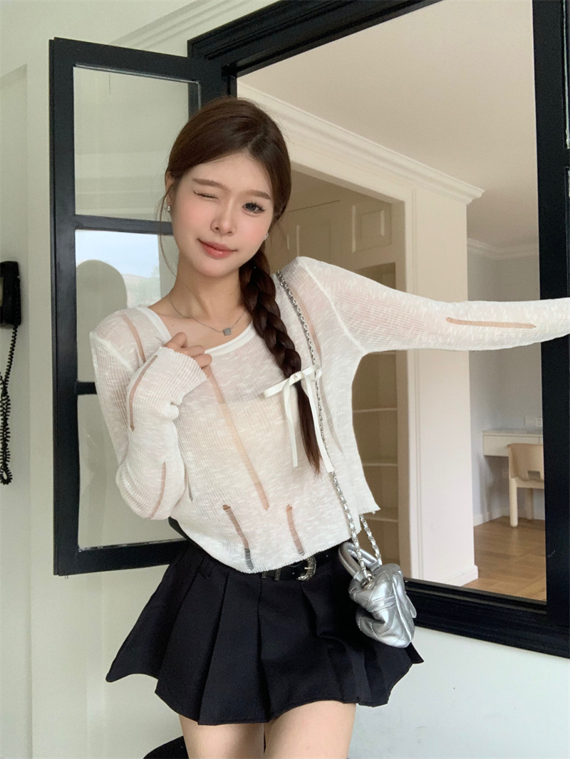 實拍 韓版寬鬆糖果色辣妹破洞鏤空罩衫防曬長袖針織衫女上衣