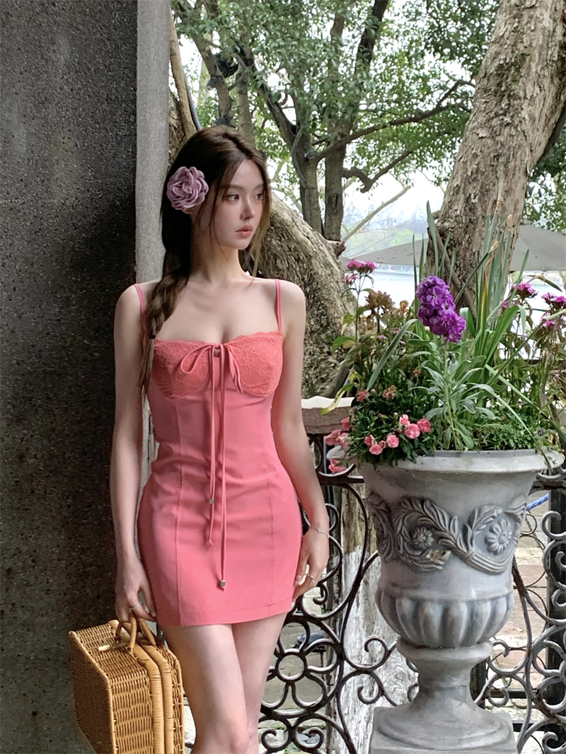 實拍 蕾絲拼接吊帶裙蝴蝶結度假風設計感甜美連衣裙