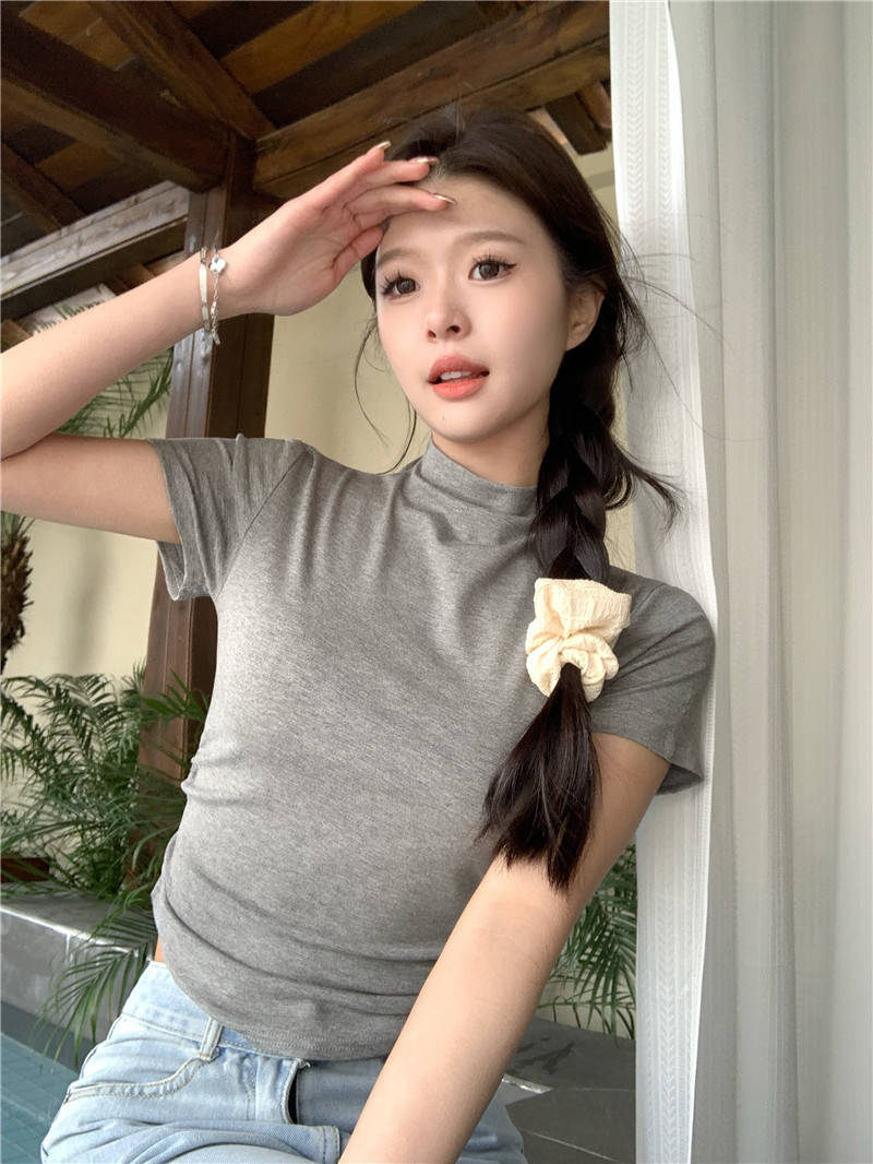 實拍~半高領T恤夏季辣妹修身百搭顯瘦不規則短袖上衣