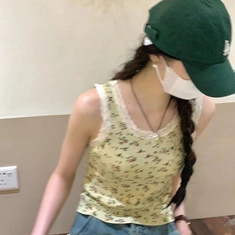 新款蕾絲邊bm碎花吊帶寬邊背心女美式復古修身顯瘦內搭