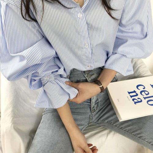 Spring new Korean style college style design loose and versatile niche lantern sleeve striped shirt tops for women