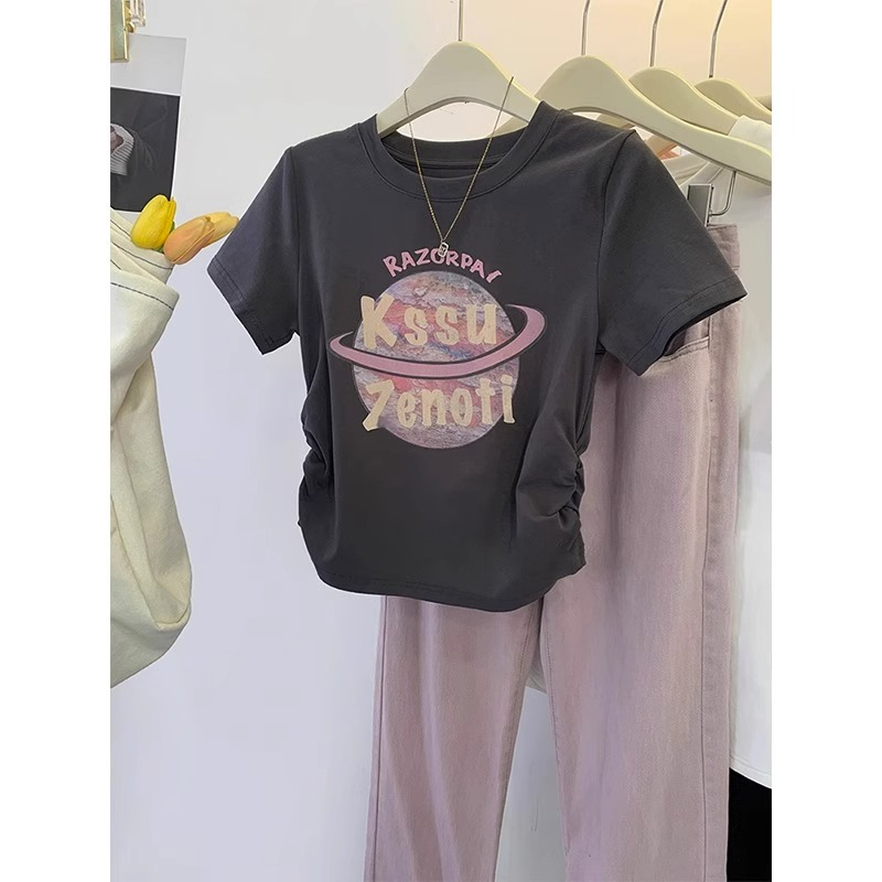 Printed 40 count 92 cotton 8 spandex 210g back collar 200kg extra large size French T-shirt for women