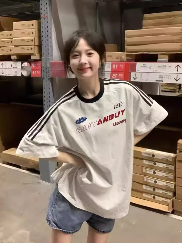 2024韓國新款220克100%棉三條槓 2024年新款夏裝短袖T恤女