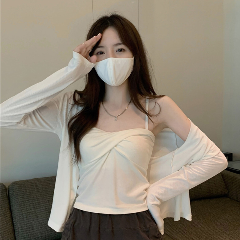 羅紋棉兩件套 辣妹外搭開衫女秋季2024新款小個子炸街短款上衣