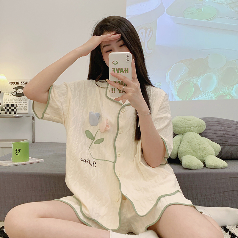 夏季直播睡衣女植物田園風麥穗提花仿棉短袖開衫短褲家居服