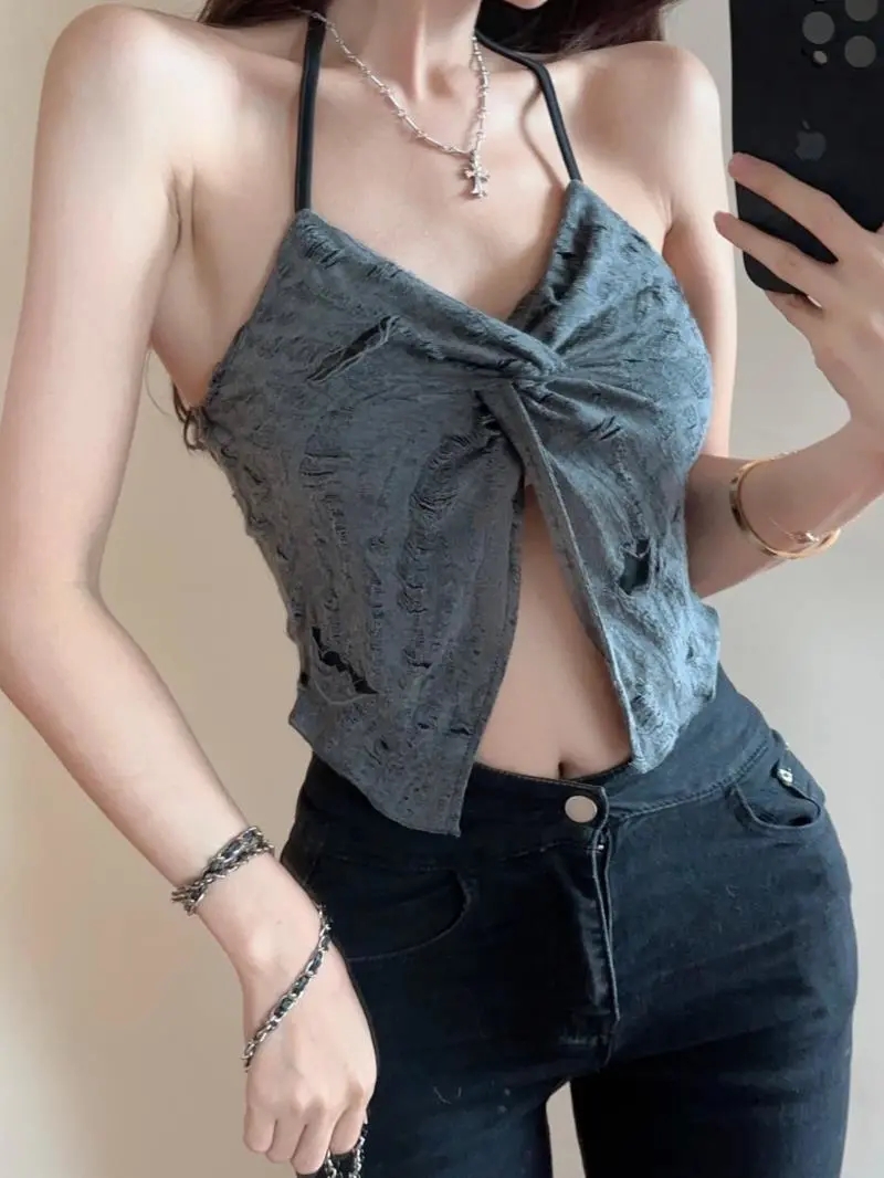 天貓品質純欲辣妹小褶皺吊帶女內搭設計感不規則露臍短款上衣