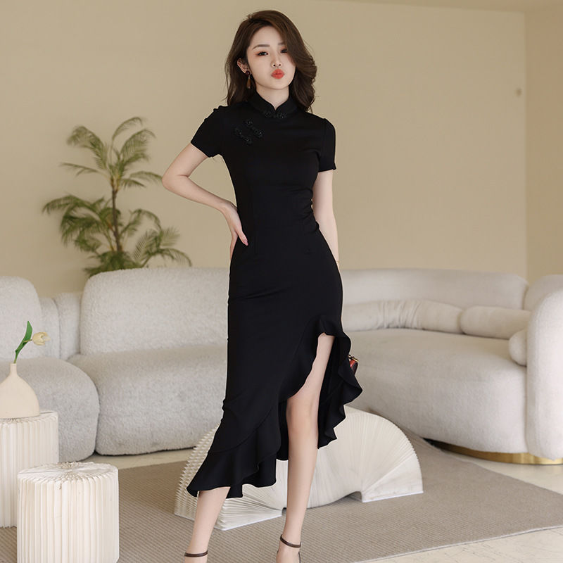 中國風2024夏季新款復古氣質性感長款黑色不規則魚尾旗袍連衣裙