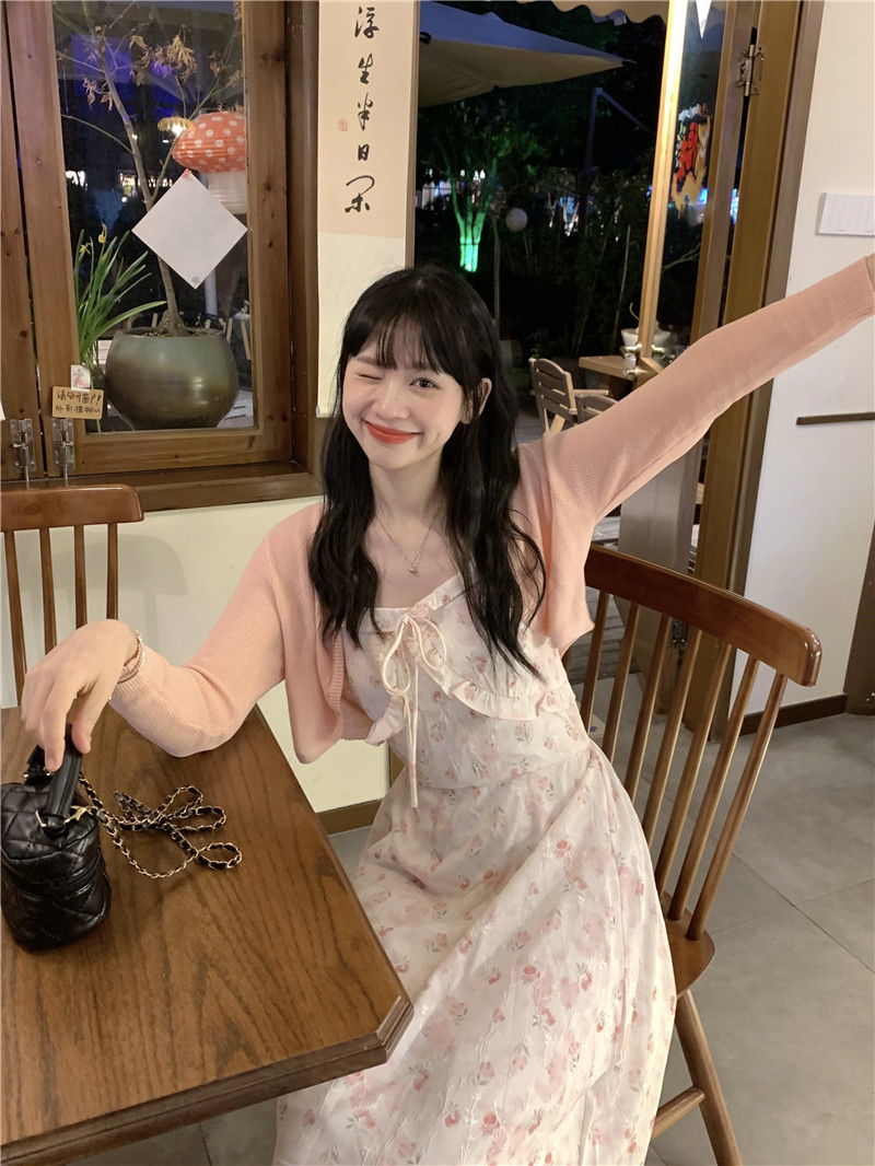 實拍~法式甜美碎花吊帶連衣裙女氣質提花高級感a字裙