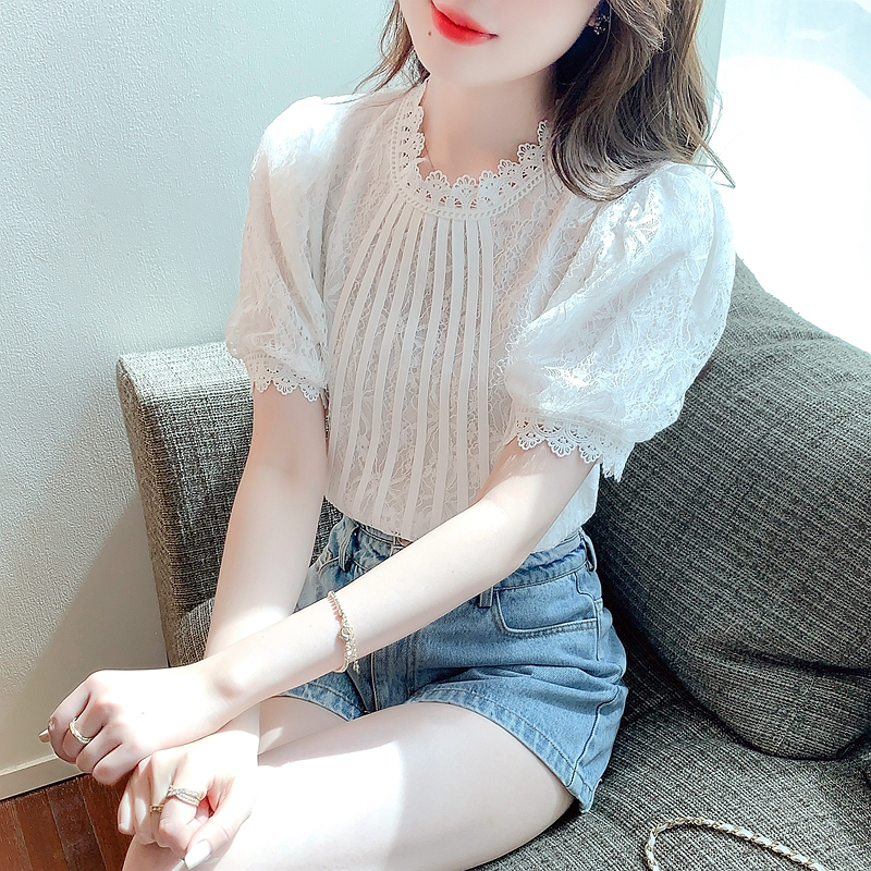 夏季2024年新款時尚蕾絲上衣女百搭雪紡襯衫短袖t恤漂亮洋氣小衫